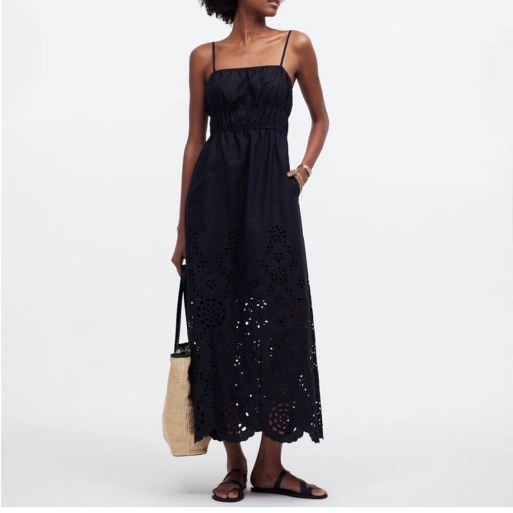 Madewell Embroidered Tank Midi Dress in Poplin in Black